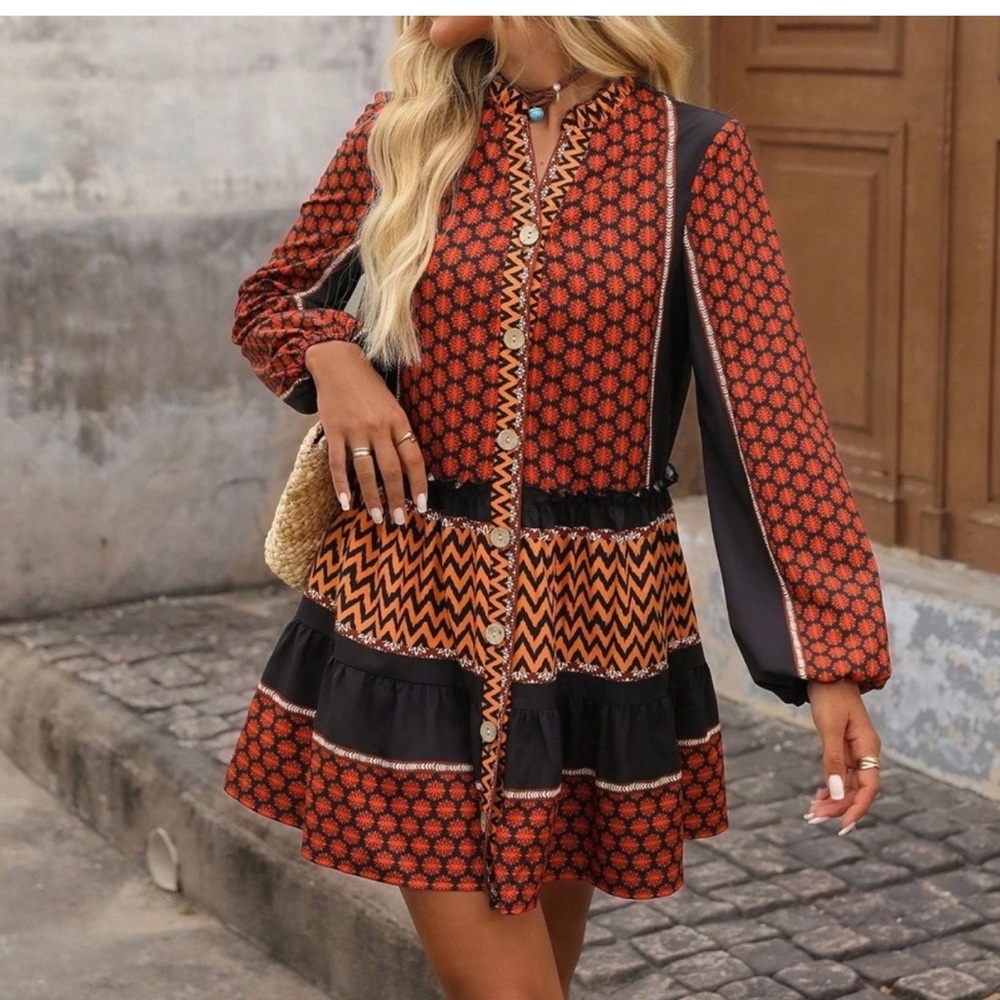Bohemian Floral Chevron Print Lantern Sleeve Mini Dress XS S M L